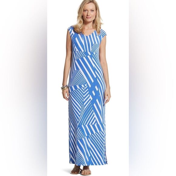 Chico’s Travelers Classic Blue/White Angled Stripe Maxi Dress. Stretchy Pullover - Picture 1 of 8